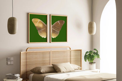 Emerald Moth Diptych Butterfly Art Prints: Vintage Gold Duo