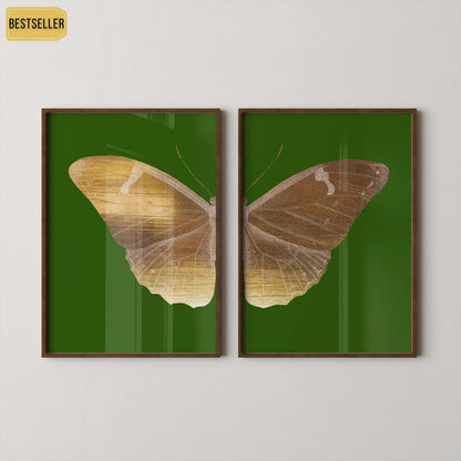 Emerald Moth Diptych Butterfly Art Prints: Vintage Gold Duo
