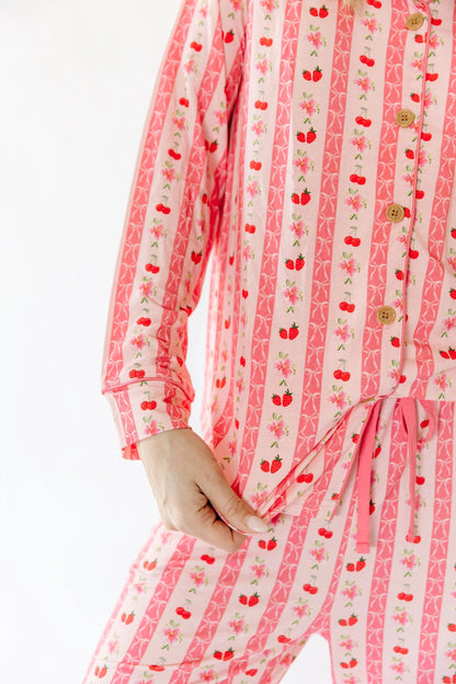 Pink Strawberry & Cherry Bows Adult Button Down Long Sleeve Pajama Top