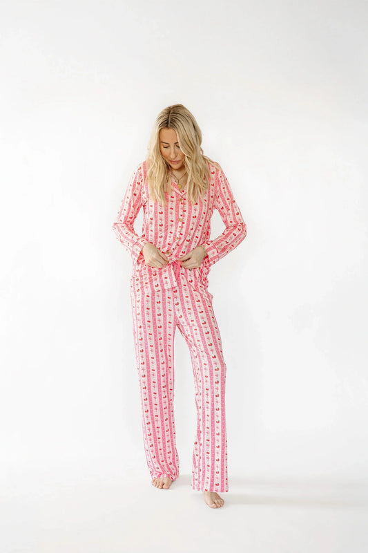 Pink Strawberry & Cherry Bows Adult Button Down Long Sleeve Pajama Top