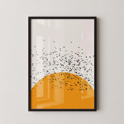 Sunset Birds Giclee Print: Retro Minimalist Art, Handframed Option