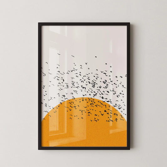 Sunset Birds Giclee Print: Retro Minimalist Art, Handframed Option
