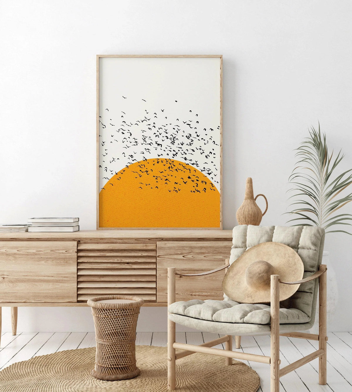 Sunset Birds Giclee Print: Retro Minimalist Art, Handframed Option