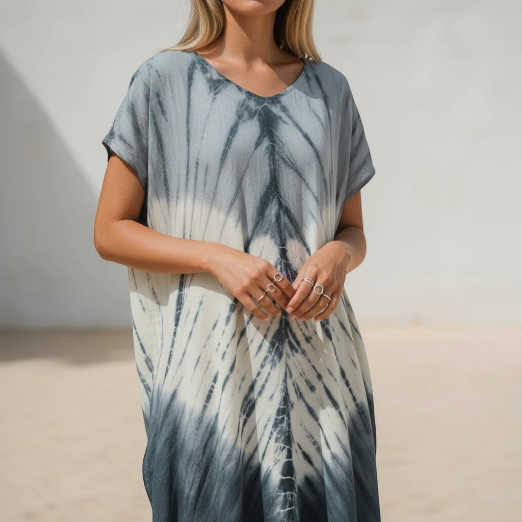 Tie Dye Lapis Ombre Kaftan Dress - Cream & Grey