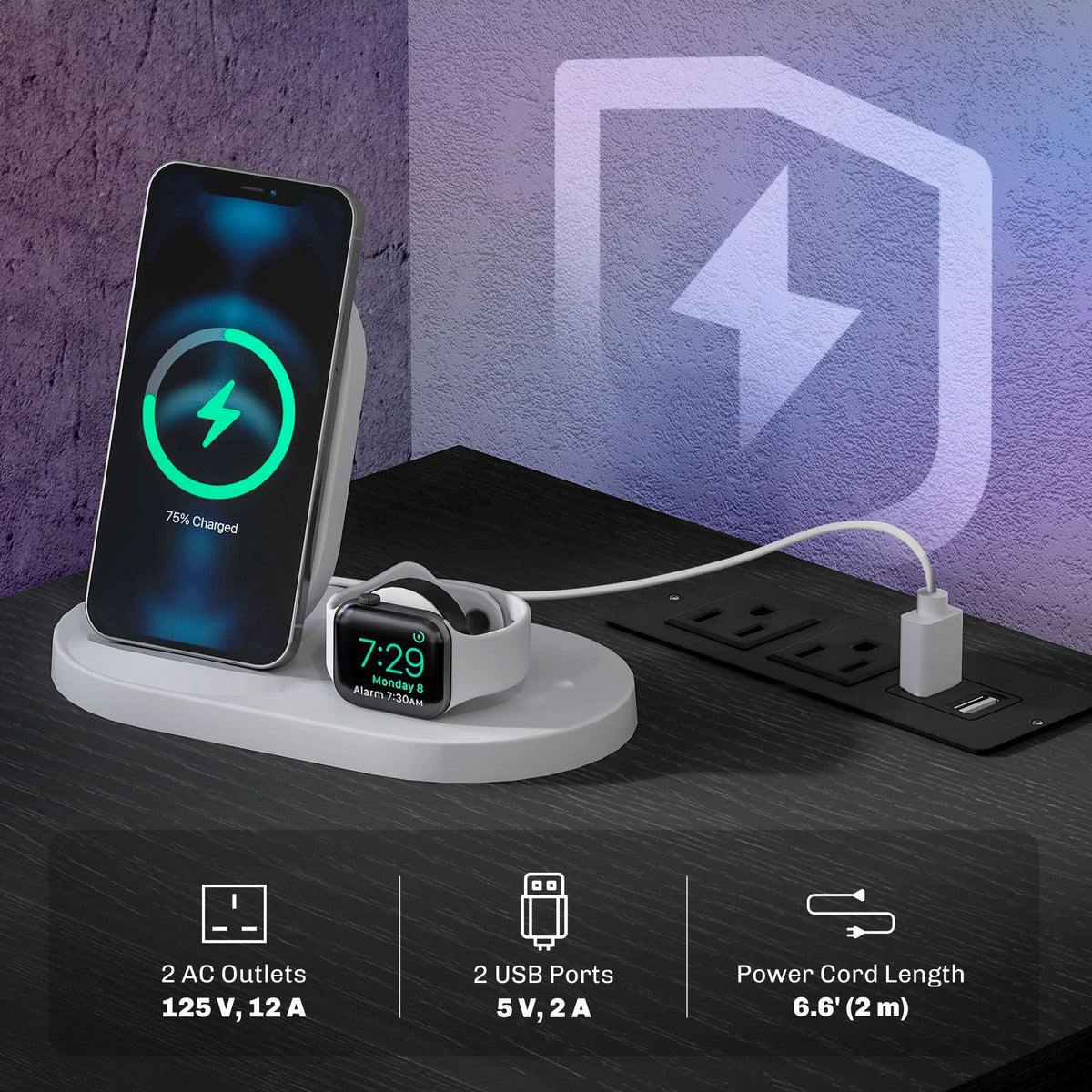 Table de chevet Emma avec station de recharge, ports USB et lumière LED - Noir