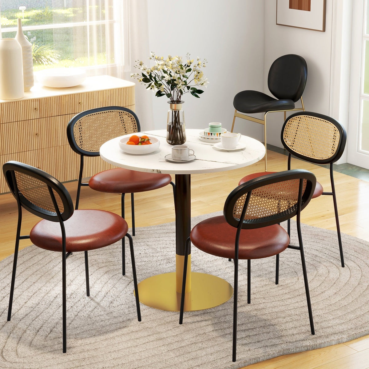 Table à manger moderne ronde René avec plateau en imitation marbre pour petits espaces-Blanc