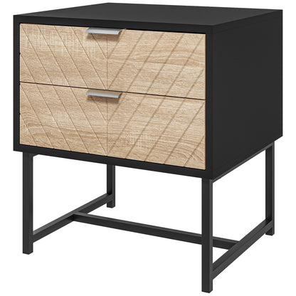 Table de chevet moderne Emery avec 2 tiroirs et pieds en acier-Blanc/Chêne