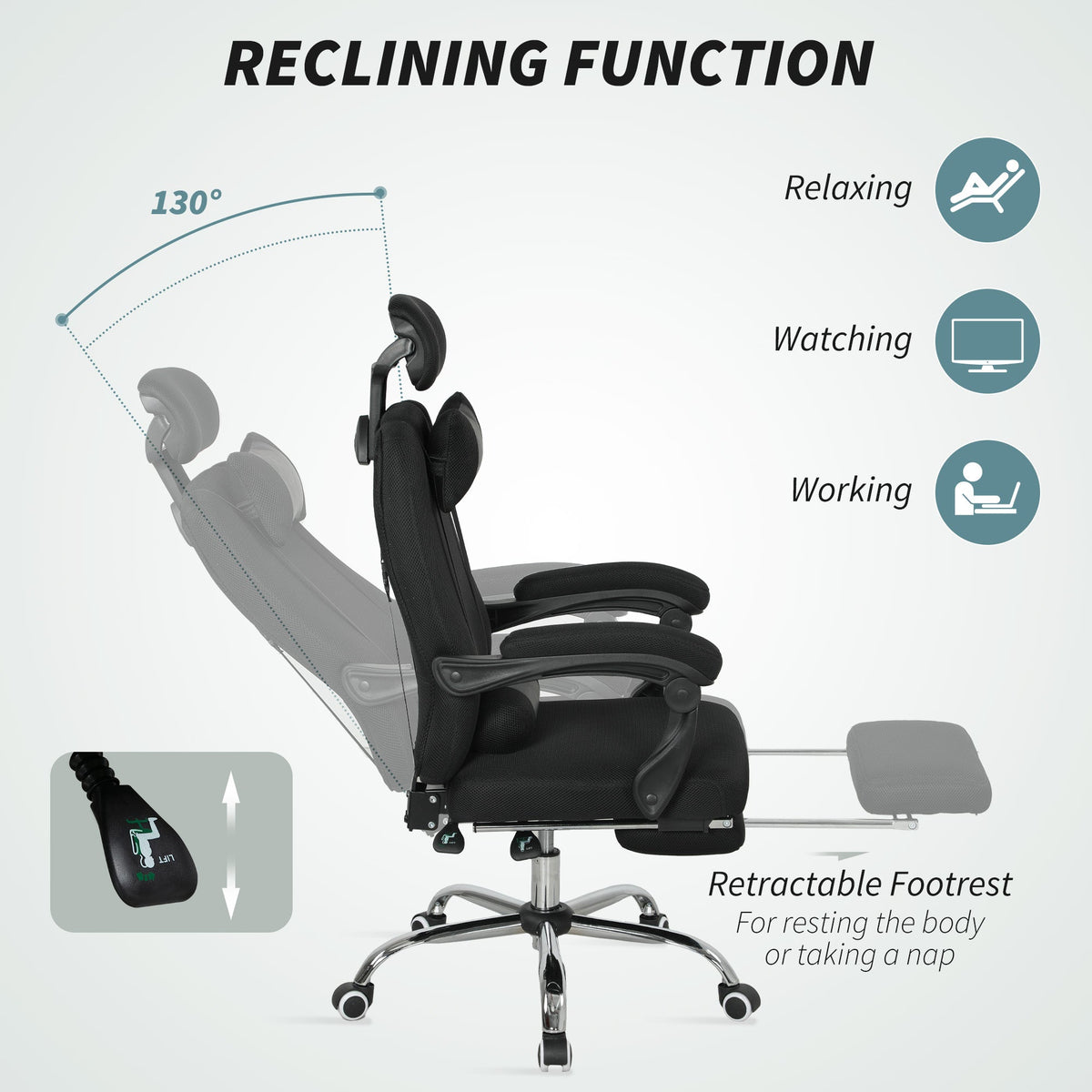 Chaise de bureau de direction ergonomique Brady à dossier haut avec repose-pieds et soutien lombaire - Noir