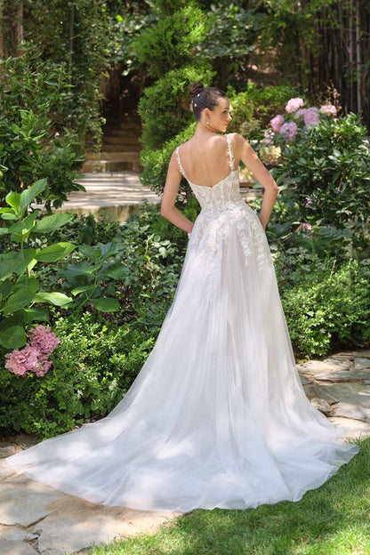 Floral lace appliqué over layered tulle