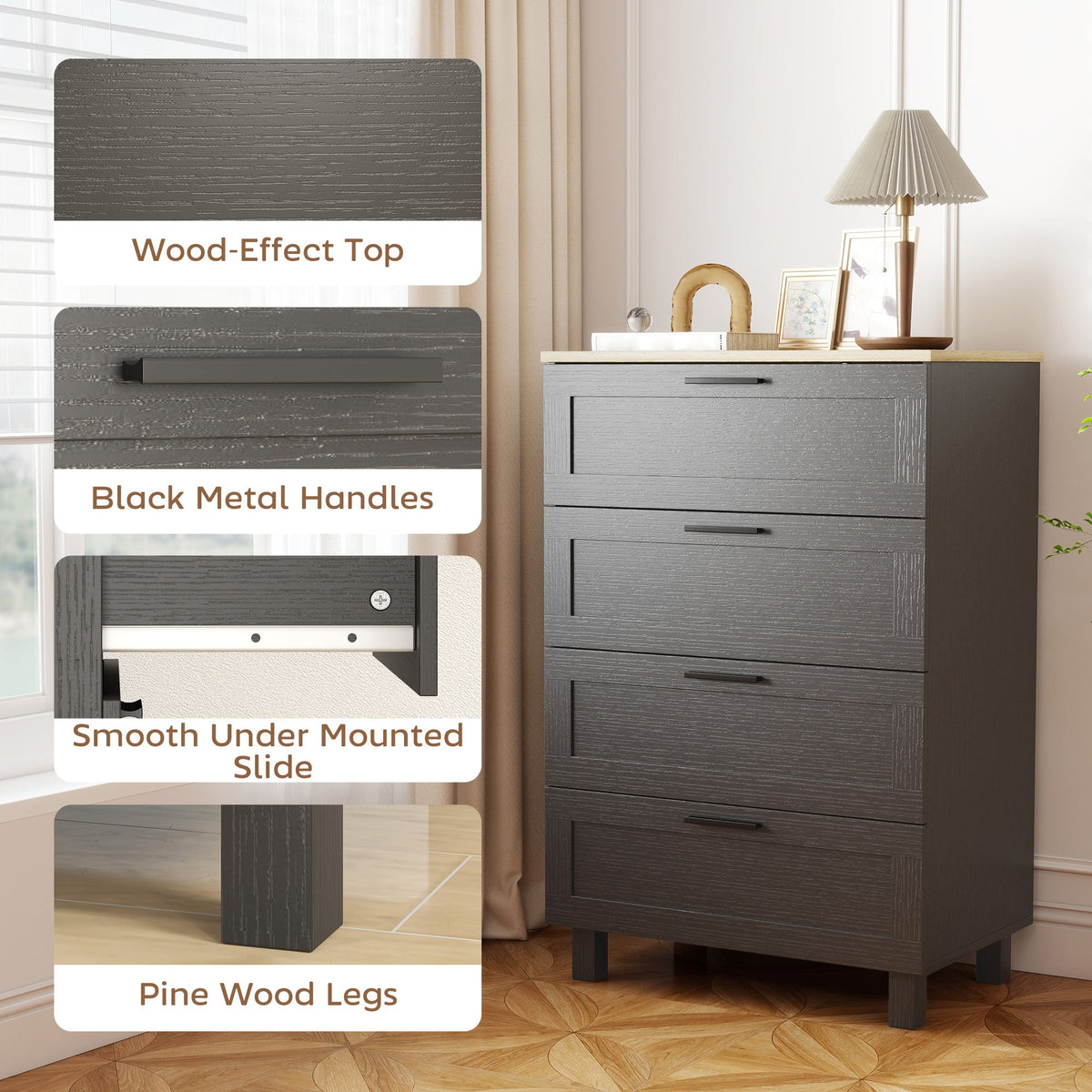 Taylor Chest of Drawers for Bedroom with Solid Wood Legs-Black