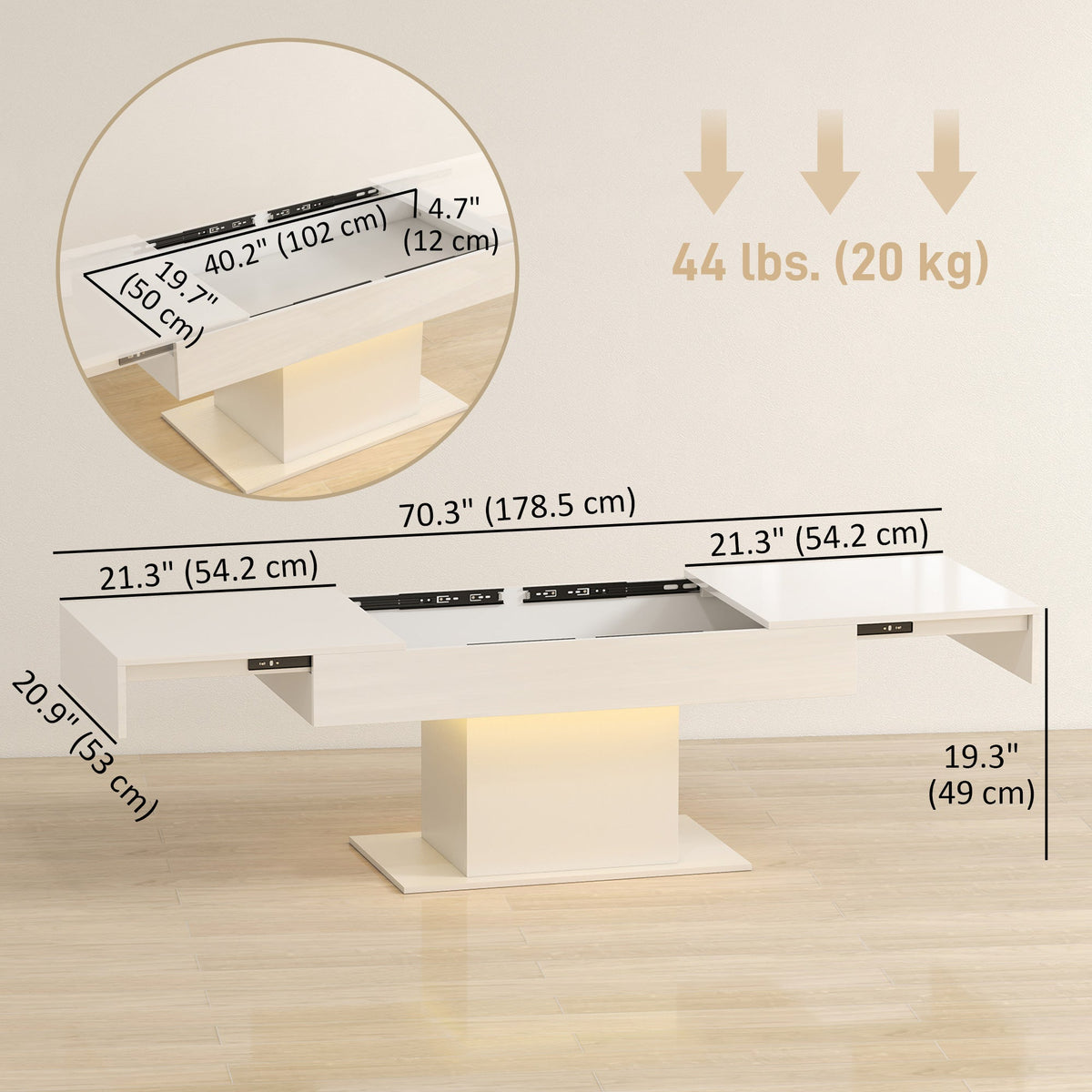 Table basse extensible Halston avec lumières LED et rangement dissimulé - Blanc