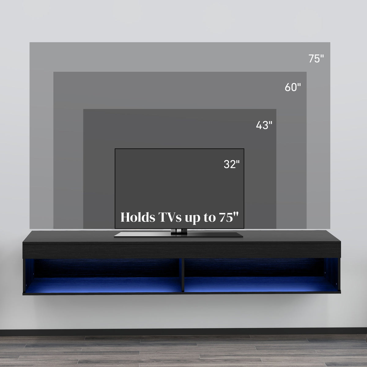 Lane Modern Wall Mounted TV Stand with Storage and LED Lights-Black