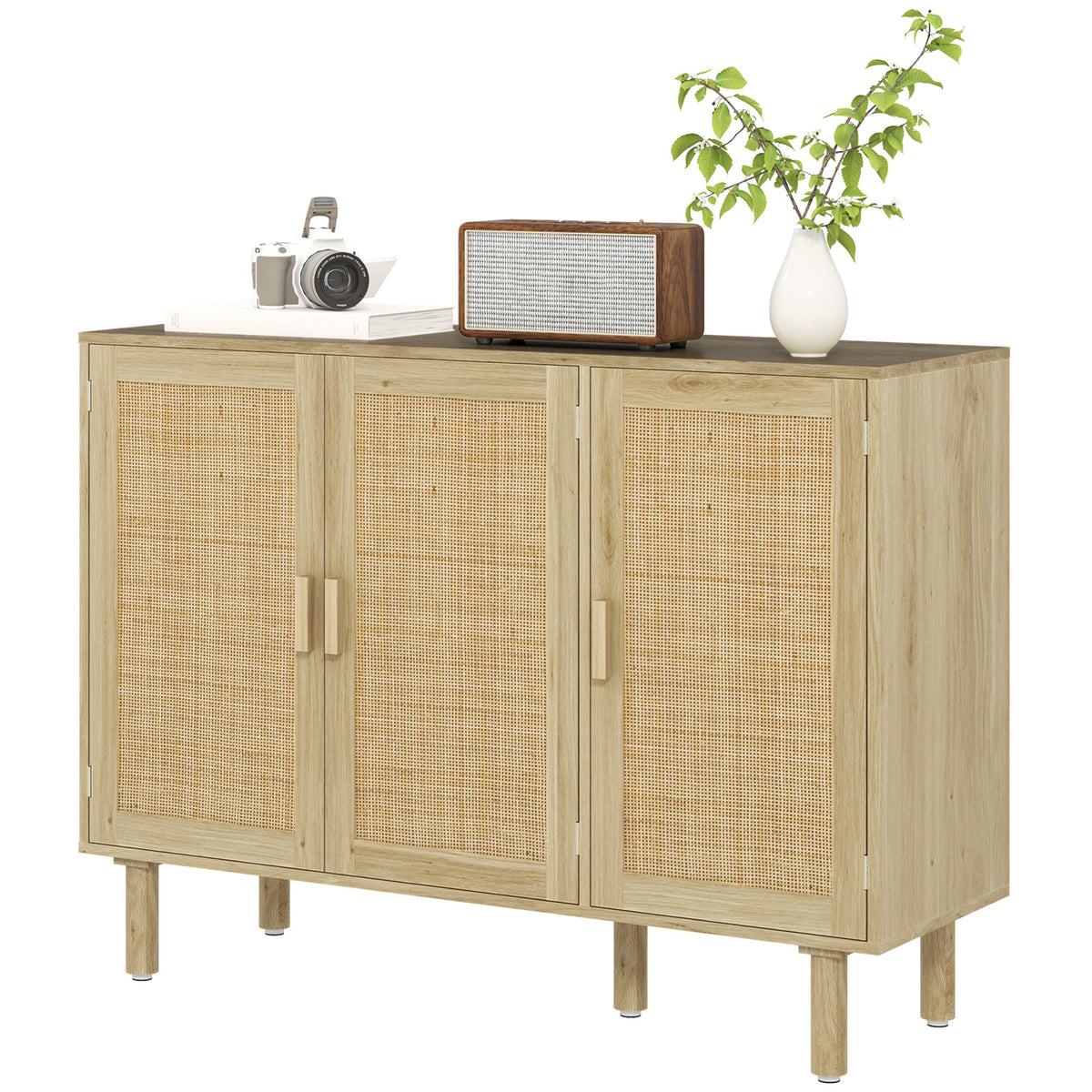 Quinn Bohemian 46.9" Hallway Cabinet/Sideboard with 3 Rattan Doors-Oak